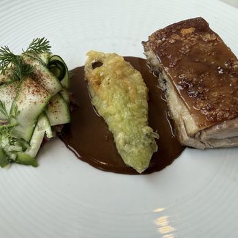 Imperfecto - Suckling pig with zucchini blossom and zucchini salad - Cocktail Bars Near Me - Washington, DC, District of Columbia