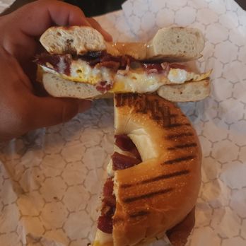 Farmers Horse Coffee - Bacon, egg, and cheese on a plain bagel - Coffee & Tea Near Me - Boston, Massachusetts
