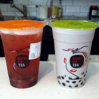 Kung Fu Tea - Strawberry Lemonade with boba, zero sugar. Sweet and sour perfection. Taro Green Milk Tea with boba, zero sugar, no ice. Yum! - Bubble Tea Near Me - Millburn, New Jersey