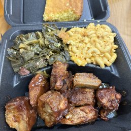 Ribs, Mac N Cheese, collards and cornbread. Ribs, Mac N Cheese, collards and cornbread.