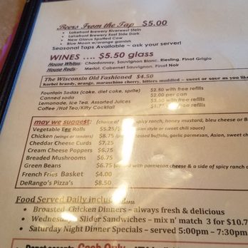 Depot - The menu lists seasonal taps, wines, old-fashioned drinks, sodas, juices, coffee, and suggested food items like egg rolls, chicken, and pizza. - Bars Near Me - Caledonia, Wisconsin