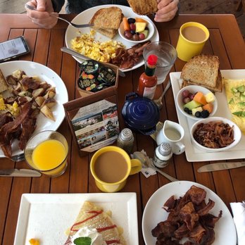 The Beachcomber - Crystal Cove Omelet Organic, Eggs Any Style with Meat and crepes and bacon - Seafood Near Me - Newport Beach, California