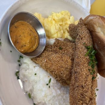 The Breakfast Boys - Catfish Grits & Eggs with sauce - Breakfast & Brunch Near Me - College Park, Georgia The Breakfast Boys - Catfish Grits & Eggs with sauce - Breakfast & Brunch Near Me - College Park, Georgia