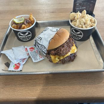 Smoke & Fire Social Eatery - Smash Burger with Brisket on top! Mac and Cheese and Waffle Fries. - Comfort Food Near Me - Paramount, California