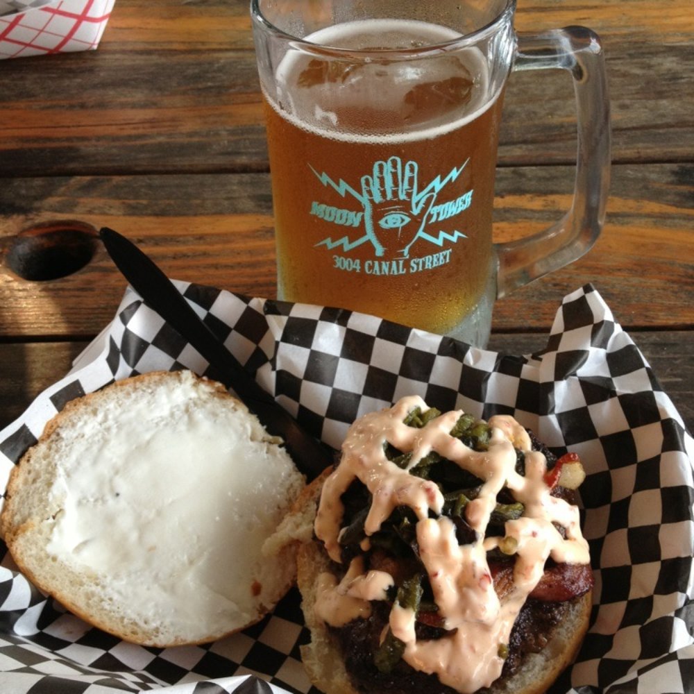 Moon Tower - The Cheech Burger: bacon, chèvre, poblano peppers, bacon and chipotle mayo!!!! - Dive Bars Near Me - Houston, Texas