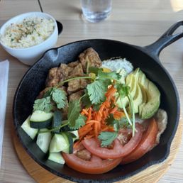 Tofu skillet with garlic rice side