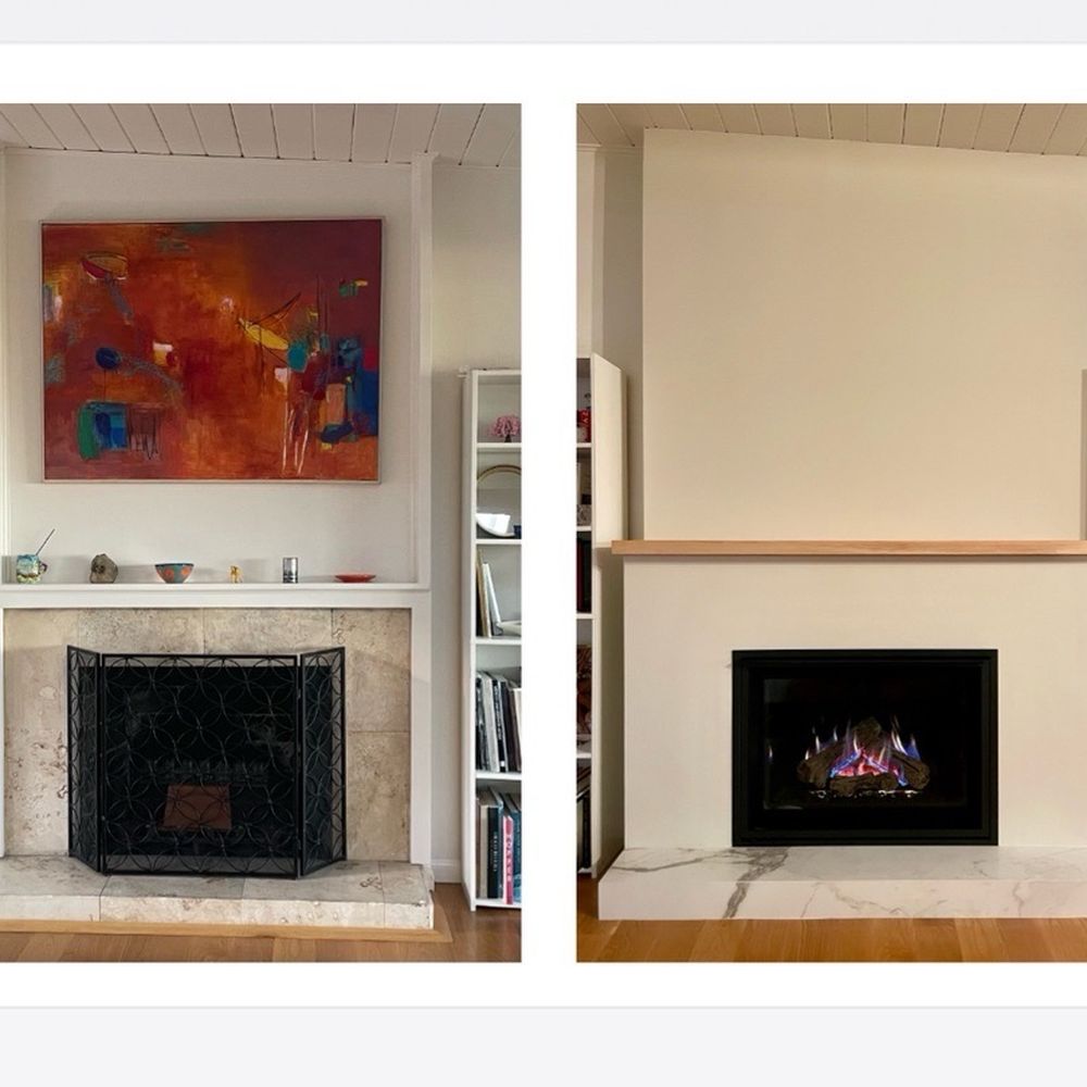 Pulido's General Construction - Left: Before - old stained and outdated tile. Too much wood trim. Right: After - updated, clean and modern look. - Fireplace Services Near Me