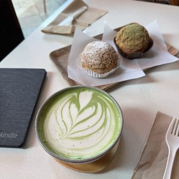 Sue's Gallery Cafe - Hot oat matcha latte Vanilla and matcha cream puffs - Desserts Near Me - Saratoga, California Sue's Gallery Cafe - Hot oat matcha latte Vanilla and matcha cream puffs - Desserts Near Me - Saratoga, California