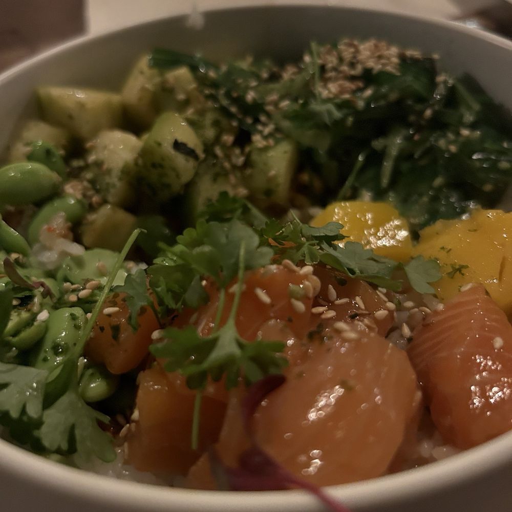Rose Gose - Salmon poke bowl - Cocktail Bars Near Me - Austin, Texas Rose Gose - Salmon poke bowl - Cocktail Bars Near Me - Austin, Texas