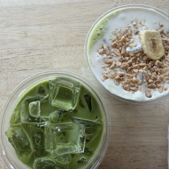 Sun House Cafe - matcha latte (left) banana matcha (right) - Coffee & Tea Near Me - Sacramento, California Sun House Cafe - matcha latte (left) banana matcha (right) - Coffee & Tea Near Me - Sacramento, California