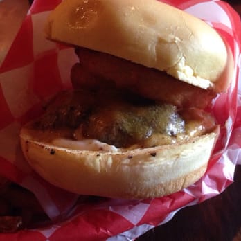 Lil Woody's - Pendleton burger -- yes, those are onion rings on the burger!! :) - Burgers Near Me - Seattle, Washington Lil Woody's - Pendleton burger -- yes, those are onion rings on the burger!! :) - Burgers Near Me - Seattle, Washington