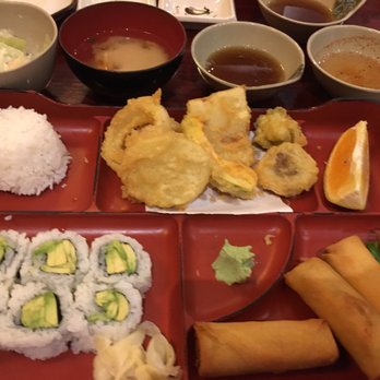 Joy Sushi - Vegetarian bento with vegetable tempura, avocado roll, spring rolls, rice, salad, soup ($14.95) - Sushi Bars Near Me - San Mateo, California