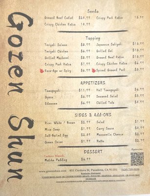 Menu photo 1 Gozen Shun Pasadena, CA