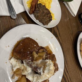 Another Broken Egg Cafe - Apple Crunch French Toast with eggs, 1 slice of bacon and 1 sausage patty - American Near Me - Austin, Texas