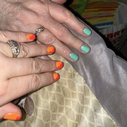 Orange & pink gel polish design by Sophia & blue/green regular polish by Kim Orange & pink gel polish design by Sophia & blue/green regular polish by Kim