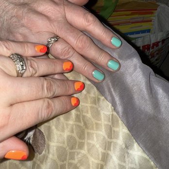 Swan Nails & Spa - Orange & pink gel polish design by Sophia & blue/green regular polish by Kim - Nail Salons Near Me - San Marcos, California Swan Nails & Spa - Orange & pink gel polish design by Sophia & blue/green regular polish by Kim - Nail Salons Near Me - San Marcos, California