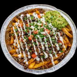 La Doña - French fries topped with carne asada, melted cheese, sour cream, onion, cilantro, tomatoes and side of guacamole.