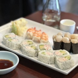 California rolls, shrimp sushi (happy hour), scallops (happy hour) and hot sake California rolls, shrimp sushi (happy hour), scallops (happy hour) and hot sake