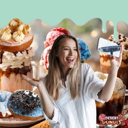Girl taking selfie with desserts in background at Desert Donuts