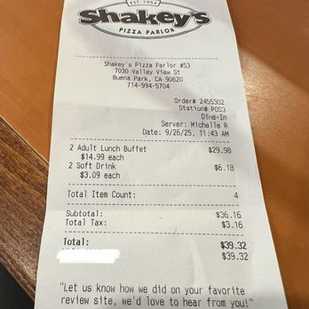 Shakey's Pizza Parlor - $14.99 per person & $3.09 for fountain drink - Pizza Near Me - Buena Park, California Shakey's Pizza Parlor - $14.99 per person & $3.09 for fountain drink - Pizza Near Me - Buena Park, California