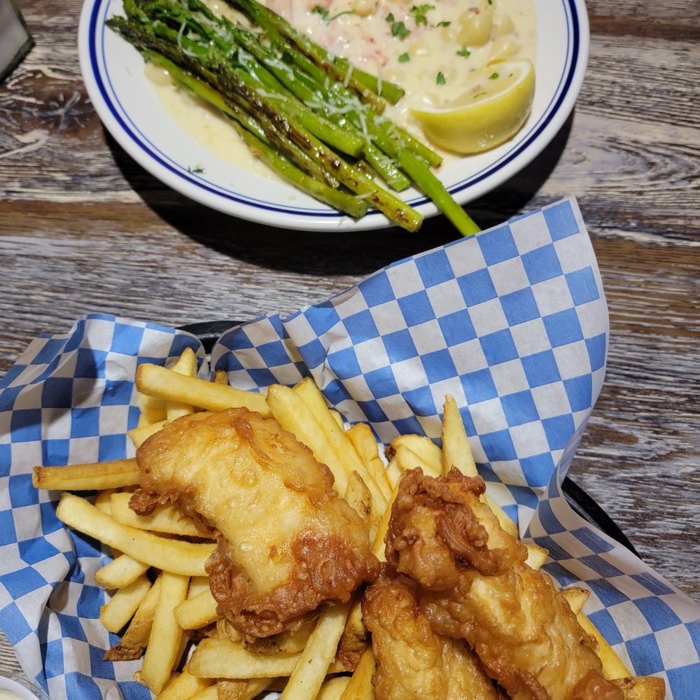 Freddy's Just For The Halibut - Brie Mac n cheese with crab and asparagus  and halibut and chips. Simply the best. Fresh! Moist! And fileted this morning! - Seafood Near Me - Longview, Washington