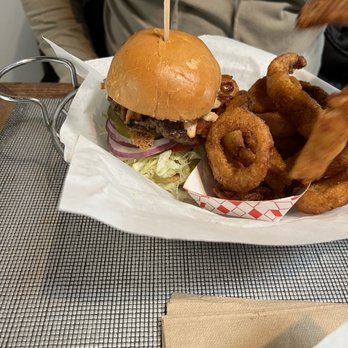Ty's Burger House - Bacon and blue cheese burger with onion rings - Burgers Near Me - Oceanside, California