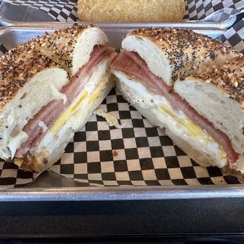 Lighthouse Restaurant & Grill - Pork roll egg and cheese on everything bagel 9/17/2023 - Bagels Near Me - Surf City, New Jersey Lighthouse Restaurant & Grill - Pork roll egg and cheese on everything bagel 9/17/2023 - Bagels Near Me - Surf City, New Jersey