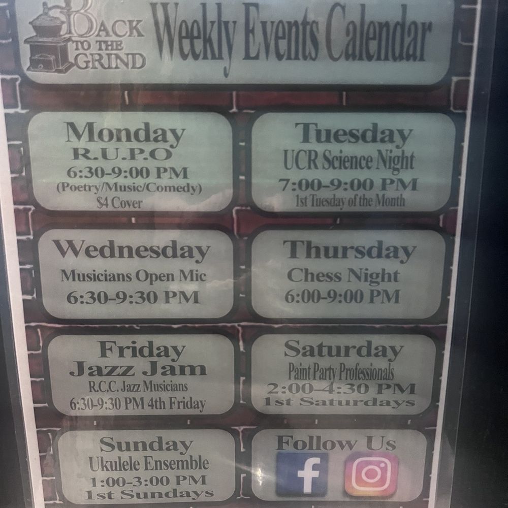 Back to the Grind - Weekly music schedule - Coffee & Tea Near Me - Riverside, California Back to the Grind - Weekly music schedule - Coffee & Tea Near Me - Riverside, California