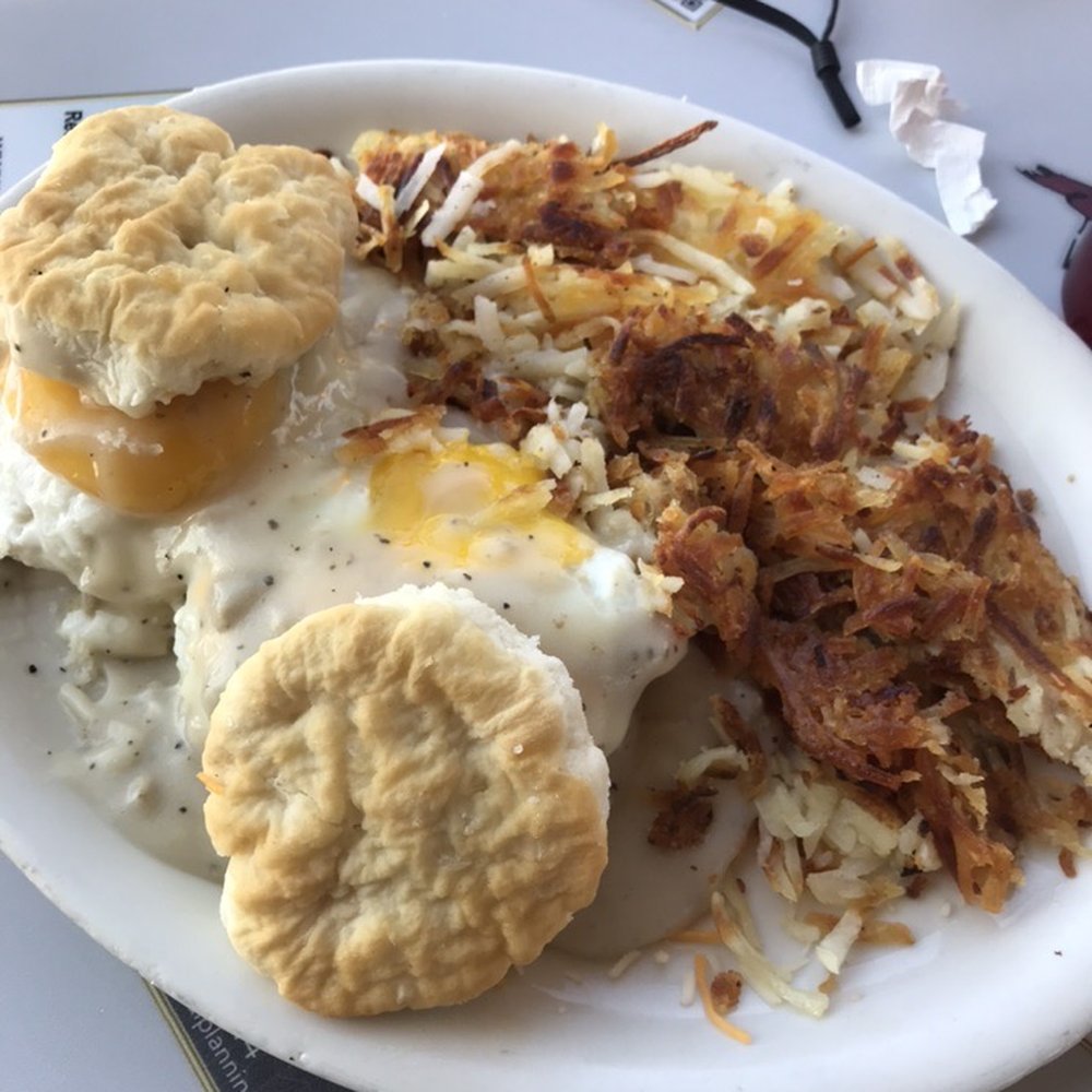Hangar Cafe - Daily Special: Biscuit Egg Sandwiches smothered in Sausage Gravy w/ Hash Browns - Cafes Near Me - Chandler, Arizona