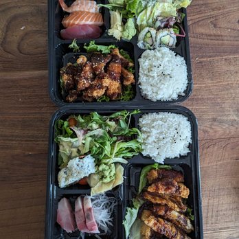 Sushi Cafe - Lunch bento special - chicken katsu and sushi nigiri (top) and pork katsu with hamachi sushi (bottom). - Japanese Near Me - Sacramento, California Sushi Cafe - Lunch bento special - chicken katsu and sushi nigiri (top) and pork katsu with hamachi sushi (bottom). - Japanese Near Me - Sacramento, California