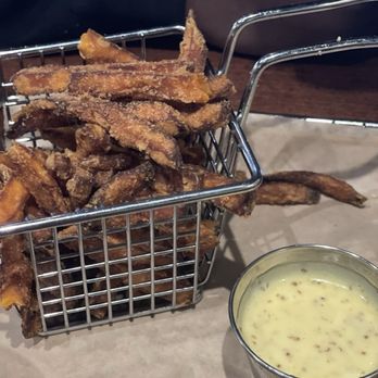 Hops Burger Bar - You must do Sweet Potato Fries and dip it in the Honey Mustard, if not... then your feet stank!!! It is what it is ok!!!! - Burgers Near Me - Greensboro, North Carolina