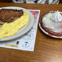 Corned beef hash, scrambled eggs, home fries, and baby red velvet pancakes Corned beef hash, scrambled eggs, home fries, and baby red velvet pancakes
