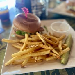 Blackened Chicken Sandwich and fries Blackened Chicken Sandwich and fries