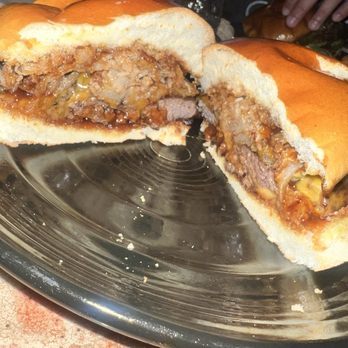 Flaming Grill Cafe - Smoke House Burger cut in half - Burgers Near Me - Sacramento, California Flaming Grill Cafe - Smoke House Burger cut in half - Burgers Near Me - Sacramento, California