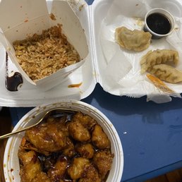 Orange Peel Chicken, Eggfried rice & fried dumplings. Fried Dumpling,  Pork Roll Orange Chicken