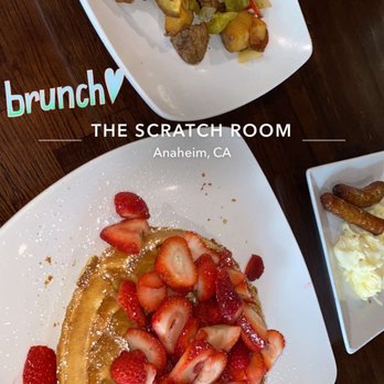 The Scratch Room - Waffles with fruit, potatoes with grilled onions and bell peppers, egg whites, sausage links - Breakfast & Brunch Near Me - Anaheim, California The Scratch Room - Waffles with fruit, potatoes with grilled onions and bell peppers, egg whites, sausage links - Breakfast & Brunch Near Me - Anaheim, California
