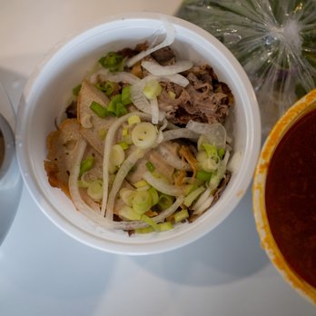 Pure Delight Café - Bun bo hue ("hue's spicy beef soup") for take-out, before combining broth and noodles. - Vietnamese Near Me - Vancouver, British Columbia Pure Delight Café - Bun bo hue ("hue's spicy beef soup") for take-out, before combining broth and noodles. - Vietnamese Near Me - Vancouver, British Columbia