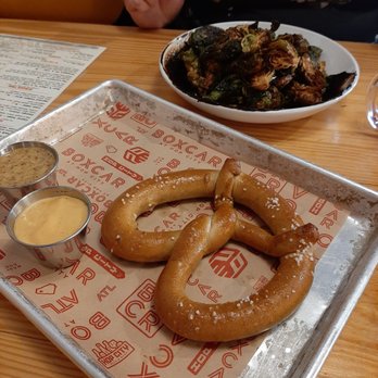 Boxcar - Pretzel with cheese and mustard - New American Near Me - Atlanta, Georgia Boxcar - Pretzel with cheese and mustard - New American Near Me - Atlanta, Georgia