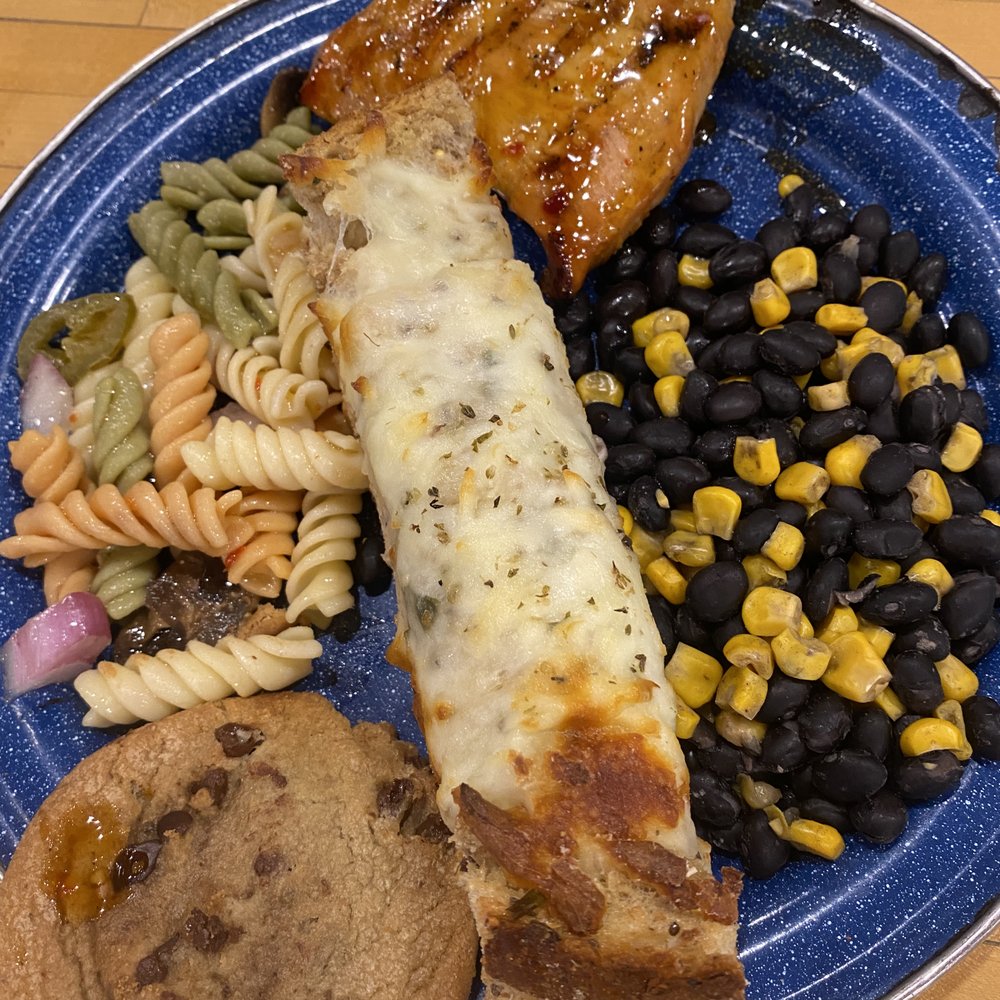 North Country Rivers - late lunch - CHICKEN, pasta, black bean corn, cheesy bread (in the center) and chocolate chip cookie - Rafting/Kayaking Near Me - Bingham, Maine North Country Rivers - late lunch - CHICKEN, pasta, black bean corn, cheesy bread (in the center) and chocolate chip cookie - Rafting/Kayaking Near Me - Bingham, Maine