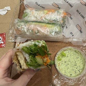 Roll & Co - 3 Custom Spring Rolls with fried tofu and Green Goddess sauce - Vietnamese Near Me - Brea, California
