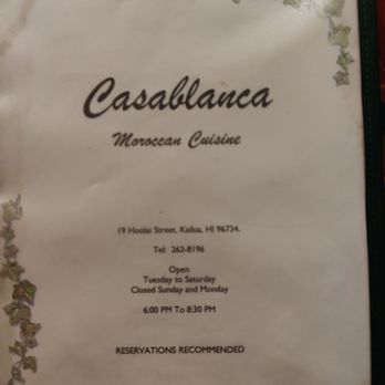 Casablanca - Menu cover - Moroccan Near Me - Kailua, Hawaii