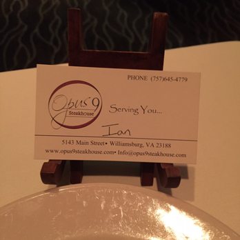 Opus 9 Steakhouse - When your server has a business card! - Steakhouses Near Me - Williamsburg, Virginia
