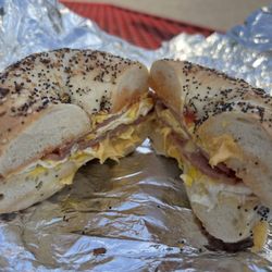 Taylor ham egg and cheese on an everything