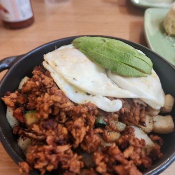 Polly's Pies - Vegetarian skillet eggs over easy no cheese extra chorizo - American Near Me - Norco, California Polly's Pies - Vegetarian skillet eggs over easy no cheese extra chorizo - American Near Me - Norco, California