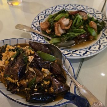 Salathai Thai Cuisine - crispy pork w chinese brocolli (superb!) n eggplant w egg - Thai Near Me - San Gabriel, California