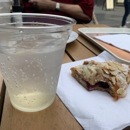 "Cloudy lemonade" (made with sparkling water!) and half of a cherry almond croissant
