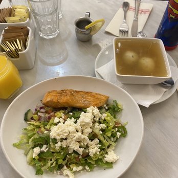 Friedman's - Greek Salmon Salad and Chicken Matzo Ball Soup (bowl) (dated 9/5/2022). - Breakfast & Brunch Near Me - New York, New York Friedman's - Greek Salmon Salad and Chicken Matzo Ball Soup (bowl) (dated 9/5/2022). - Breakfast & Brunch Near Me - New York, New York