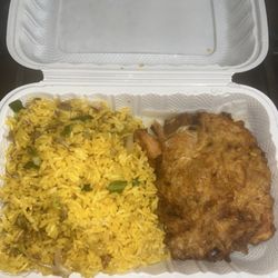 New De Xing Chinese Restaurant - Shrimp egg foo young with fried rice no peas and carrots, instead onions, scallions and bean sprouts.