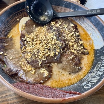 Hokkaido Ramen House - Spicy Ramen - grilled chashu pork, shoyu base, chili (level 2 spice), soy marinated egg, & crispy garlic - Ramen Near Me - Hoffman Estates, Illinois