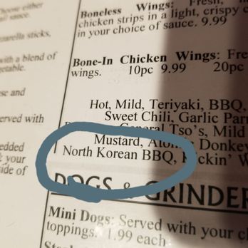 AJ’s Trailside Pub - So I was a bit amused at the reference to NORTH Korean BBQ wing sauce. But the wings - with many sauces to choose from - are excellent! - American Near Me - Adams, Massachusetts